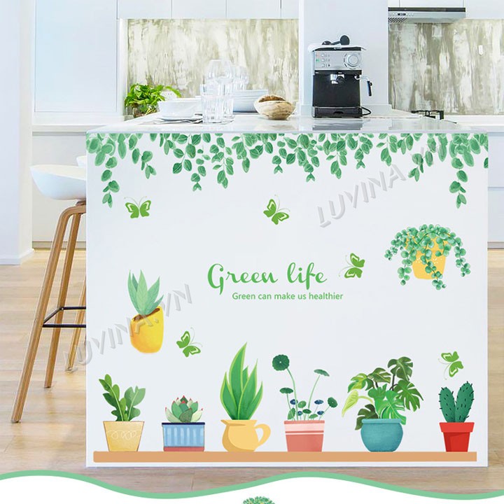 Decal dán tường trang trí quán cafe, văn phòng,phòng khách - Chậu cây và tán lá green