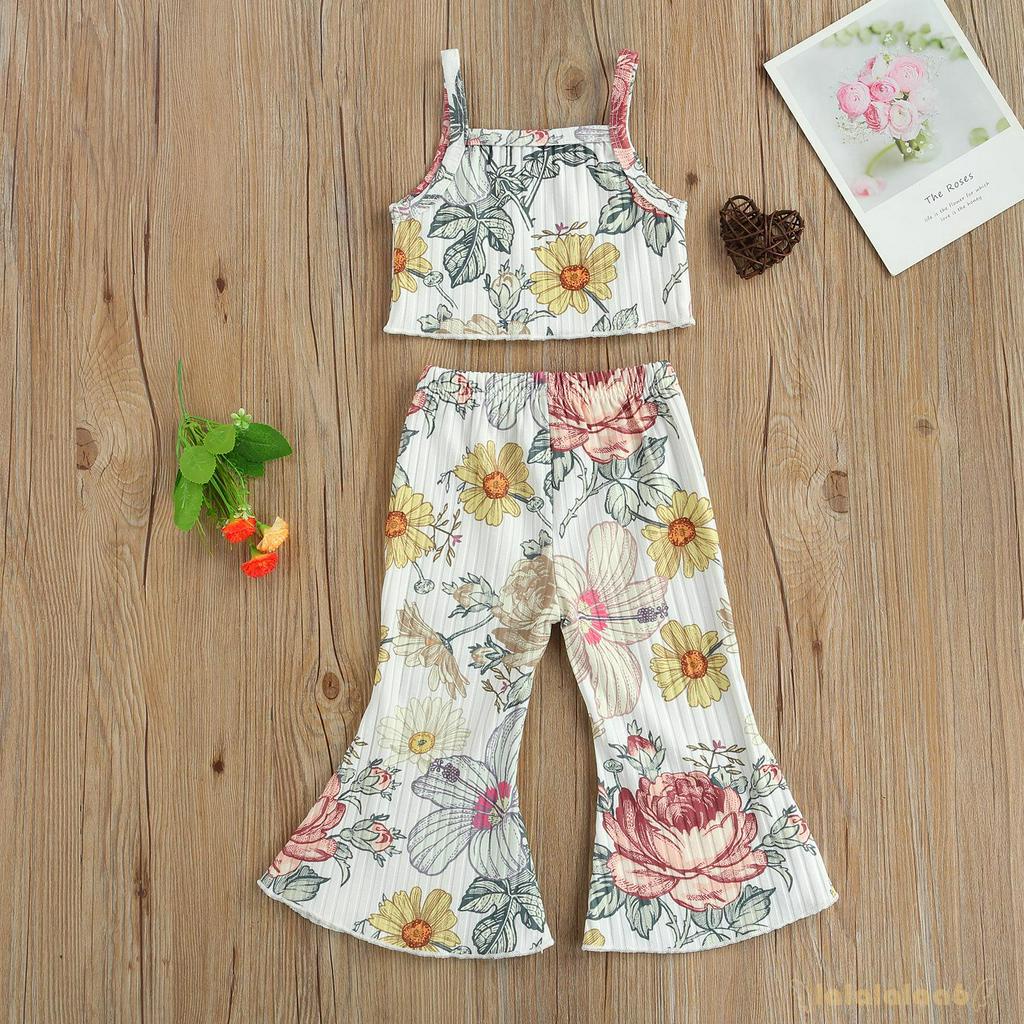 Bộ Áo Crop Top 2 Dây In Hoa + Quần Ống Loe Thời Trang Cho Bé Gái