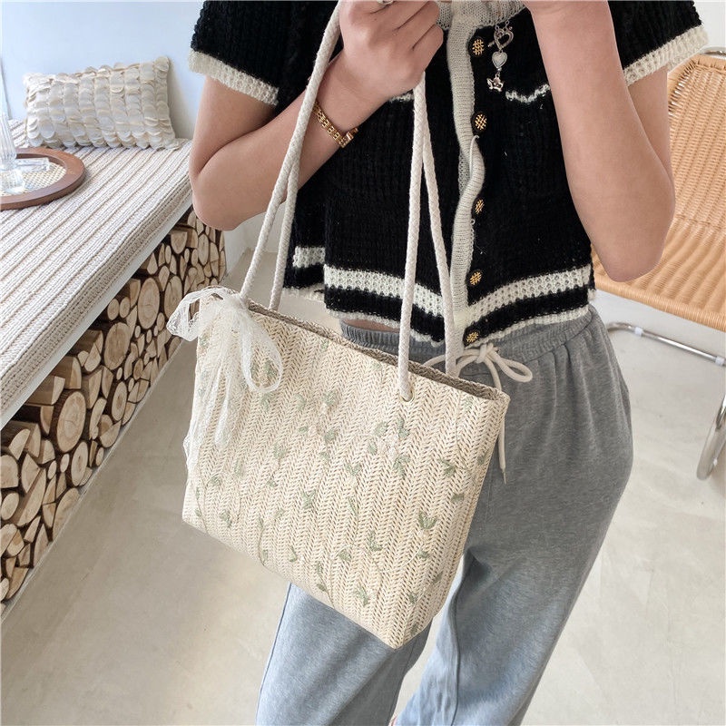 Túi Xách Đan Rơm Phối Ren 2 Kiểu Phong Cách Phương Tây Thời Trang Mùa Hè Cho Nữ