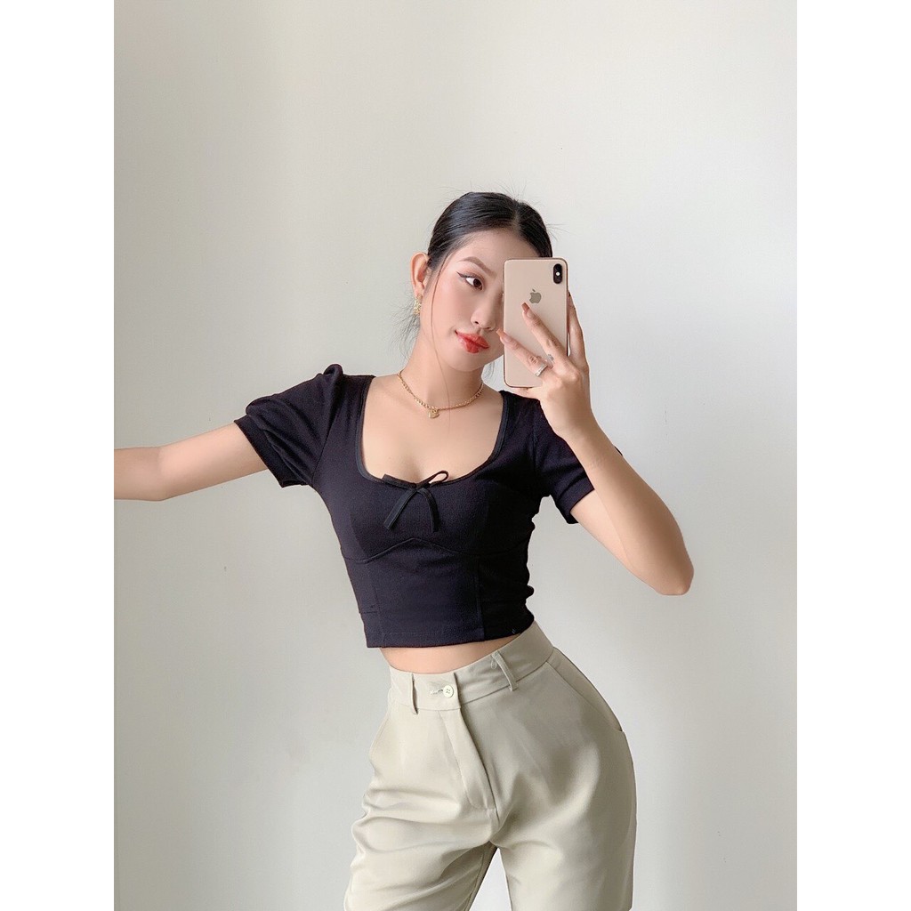 ÁO CROPTOP CỘT NƠ ĐEN, chất thun gân dày dặn [Moment House]