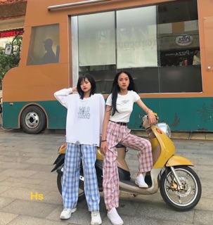 Quần kẻ cạp cao dáng dài HSU1