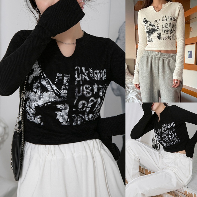 Áo Thun Tay Dài Cổ Chữ V Phong Cách Vintage Cho Nữ