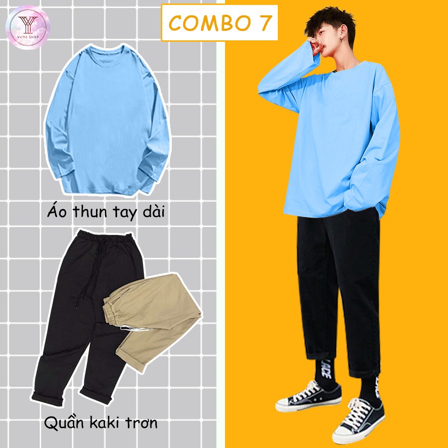 Combo Áo thun trơn + Quần baggy kaki trơn phong cách Basic