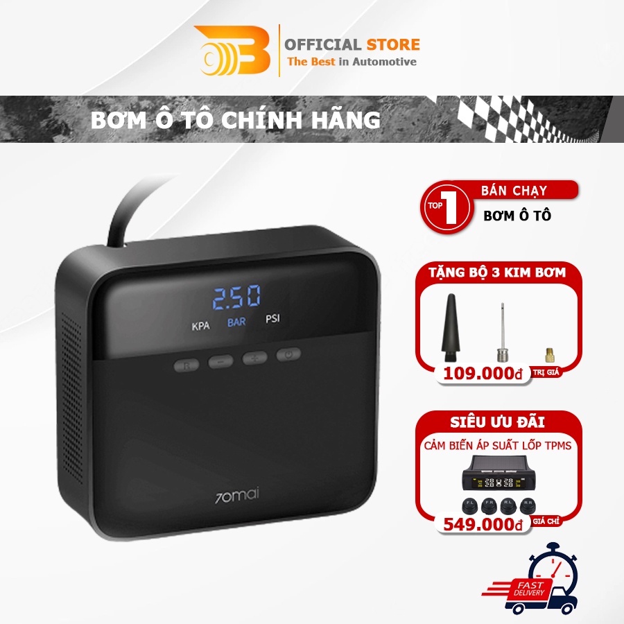 Bơm Lốp Ô Tô Xiaomi 70mai Midrive TP03 bơm điện đa năng áp suất 11bar chân tẩu ô tô BH chính hãng