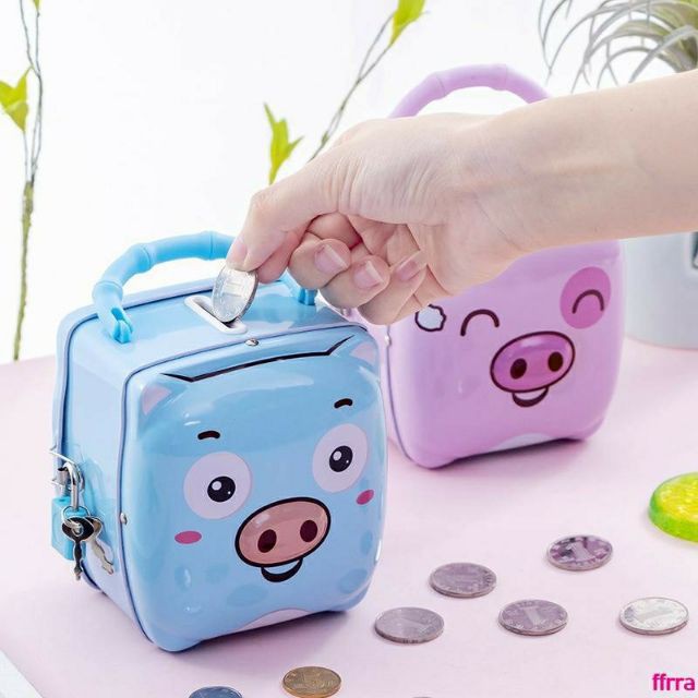 Ống heo tiết kiệm mini, hộp lợn tiết kiệm đựng tiền cho bé bằng sắt có khóa hình lợn cute dễ thương