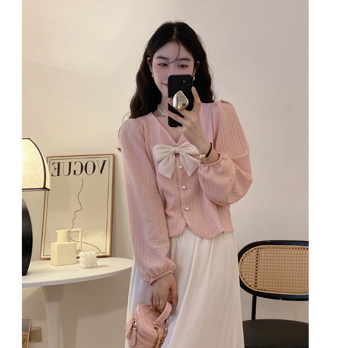 Áo Sơ Mi Tay Dài Cổ Chữ V Thắt Nơ Phong Cách Mùa Thu Dành Cho Nữ