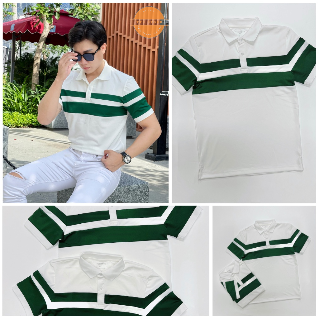 Áo thun polo nam cao cấp tay ngắn phối sọc ngực xanh lá, phối trắng xanh thời trang hè trẻ trung lịch lãm