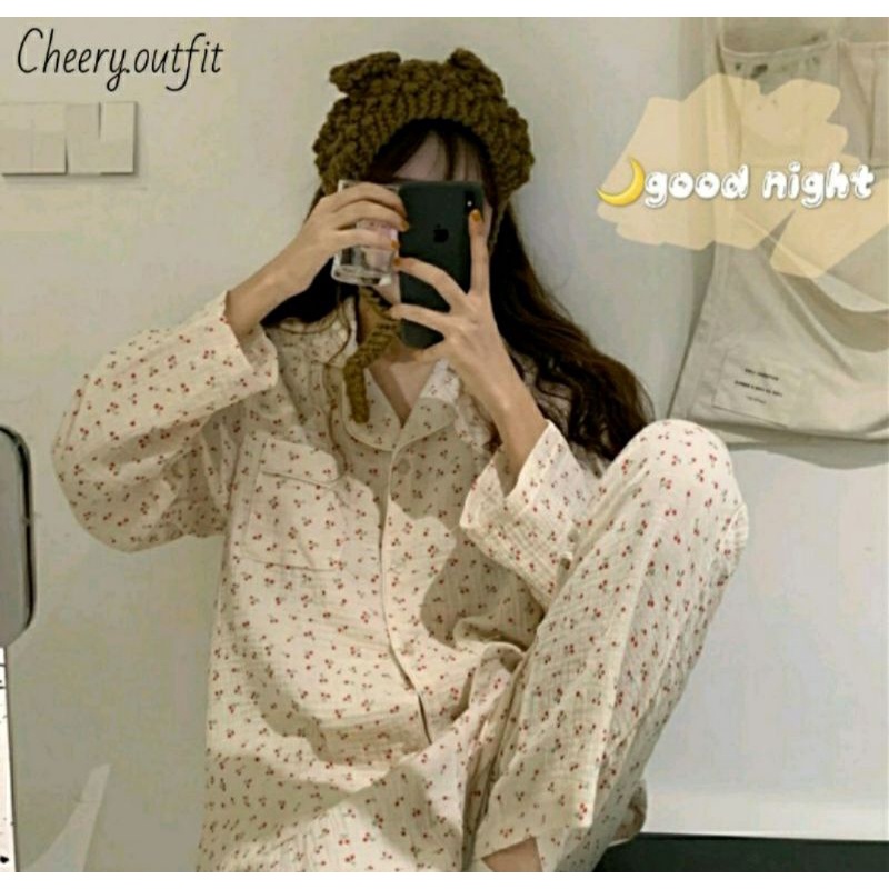 Bộ ngủ pijama muslin họa tiết cherry nhí dễ thương🍒