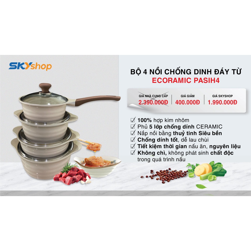 Bộ 4 Nồi Chống Dinh Đáy Từ ECORAMIC PASIH4 - Hàng Chính Hãng