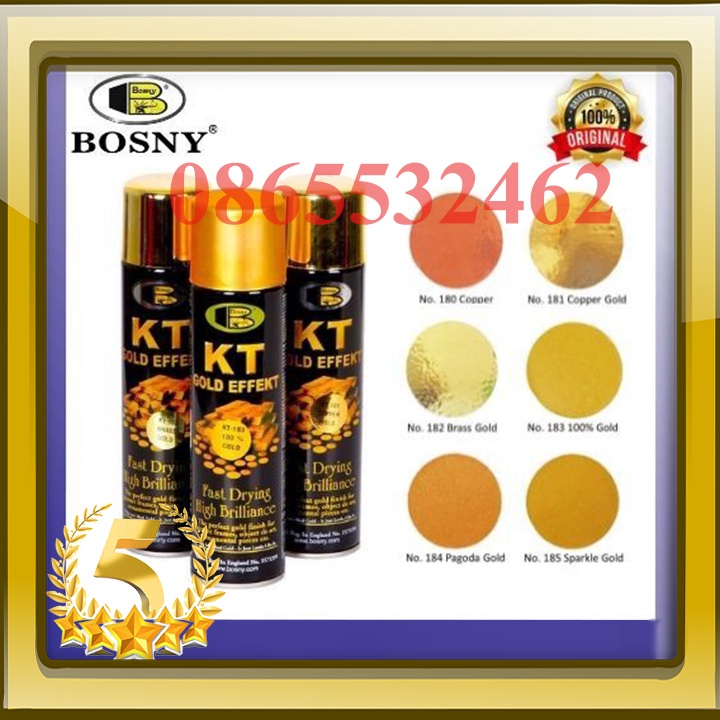 Sơn phun mạ vàng KT ( Bosny ) - xi vàng - mạ crom - xi inox - sơn xịt xe máy - trang trí - nhập khẩu Thái Lan