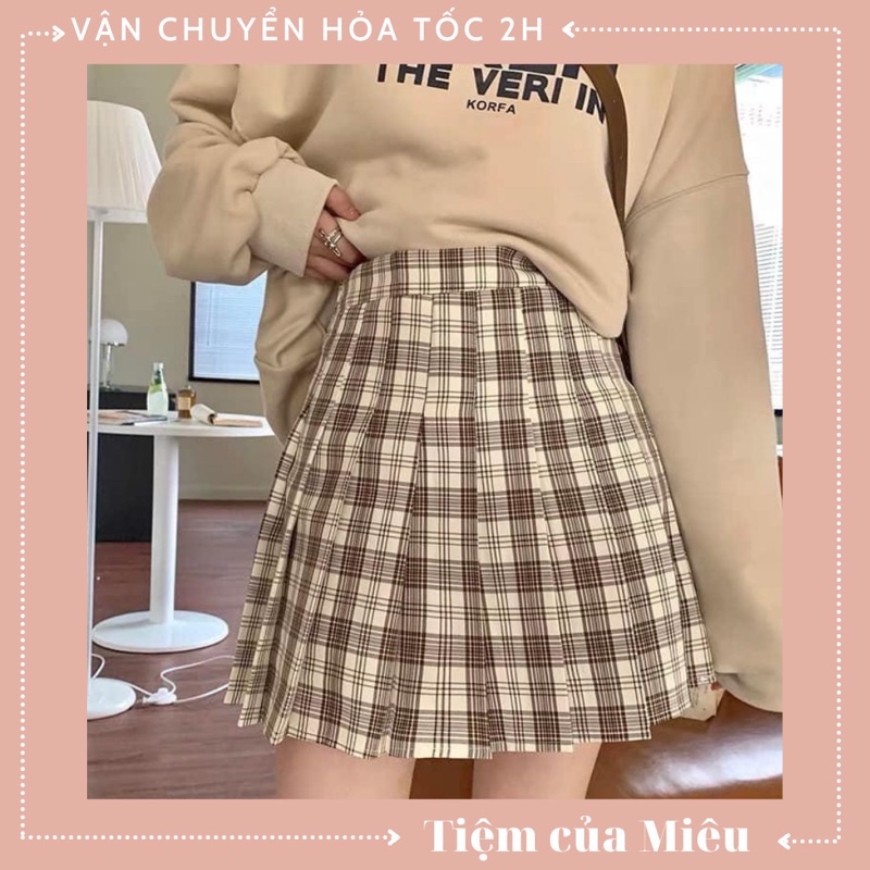 Set áo swt mix chân váy kẻ tennis Tiệm của Miêu màu nâu đất/ be | BigBuy360 - bigbuy360.vn