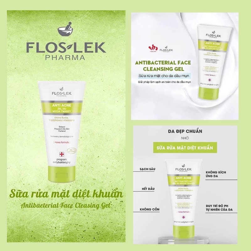 [Mẫu mới] Sữa rửa mặt cho da Dầu, Mụn Floslek Anti Acne Face Bacterial Cleansing Gel 200ml