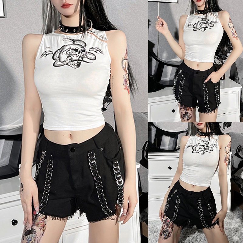 Áo Croptop Ôm Dáng In Họa Tiết Phong Cách Punk Dễ Phối Đồ Cho Nữ