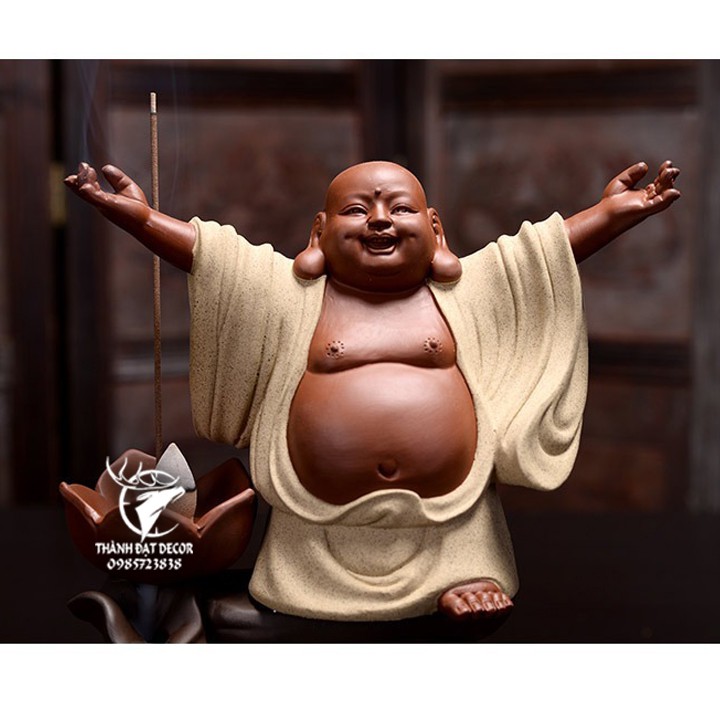 Tượng Phật Di Lặc Bồ Tát Đứng Bằng Gốm ( Không Kèm Đế ) Trang Trí Tiểu Cảnh, Gỗ Lũa
