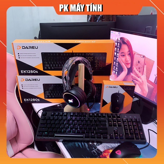 Bộ Combo Dareu Đen - Phím cơ Ek1280s Blue Switch + Tai Nghe Gnet G09 + Chuột Em908 - Tặng Bàn Di 30*70*4ly