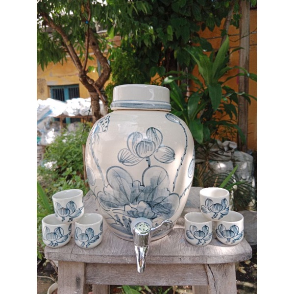 Bình nước 3 lit kèm 6 chén nhỏ. men bóng. gốm sứ Bát Tràng