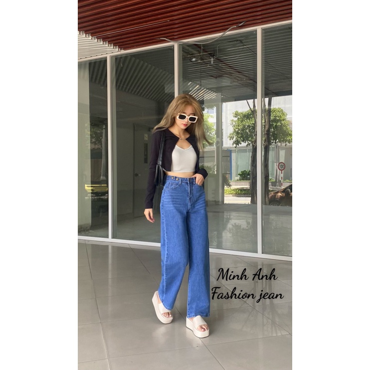 Quần Jean Nữ Lưng Cao Ống Suông Rộng Trơn Che Khuyết