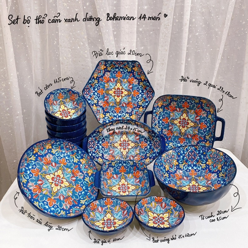 Bát Đĩa Decor Chén Dĩa Sứ Hoạ Tiết Bohemian Xanh Tô Canh Bát Ăn Cơm Decor Phong Cách Châu Âu