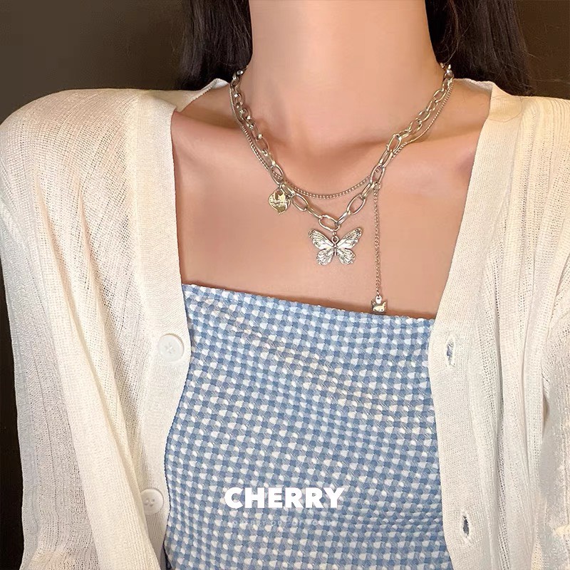 Dây chuyền choker 2 tầng chi tiết Butterfly màu bạc swag dành cho nữ