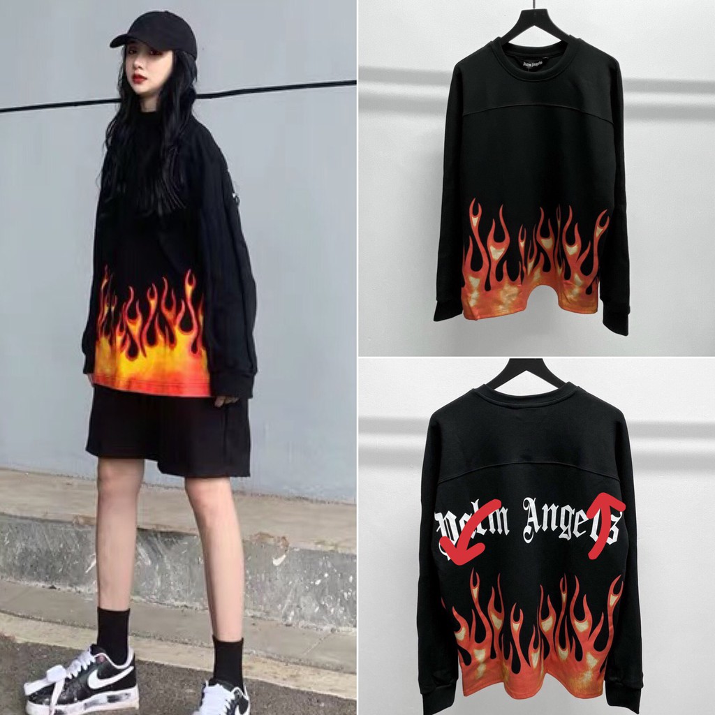 Áo Sweater Thun Tay Dài NGỌN LỬA Unisex form rộng Màu Đen BC151