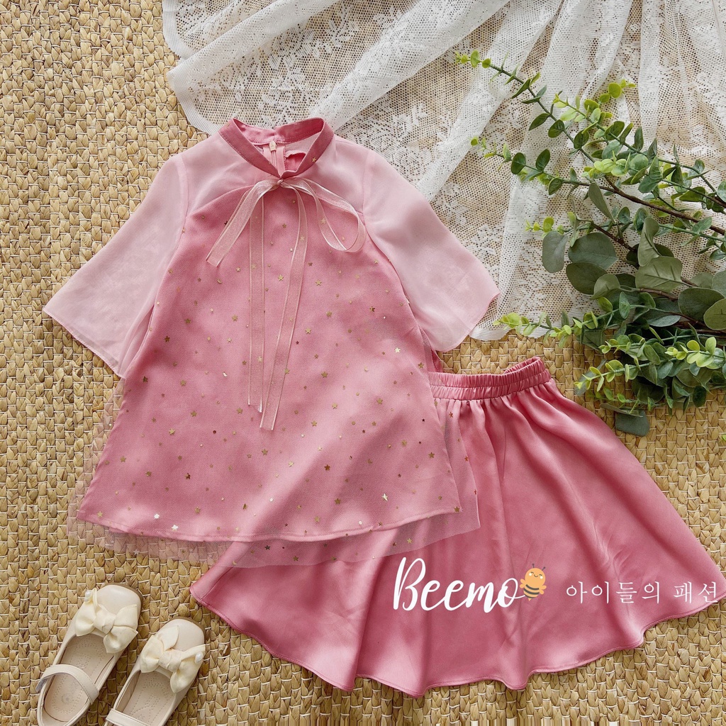 Set bộ áo dài Beemo chất lụa mềm mại kèm ren lưới họa tiết sao lấp lánh cho bé gái từ 1 đến 6 tuổi - 21D059