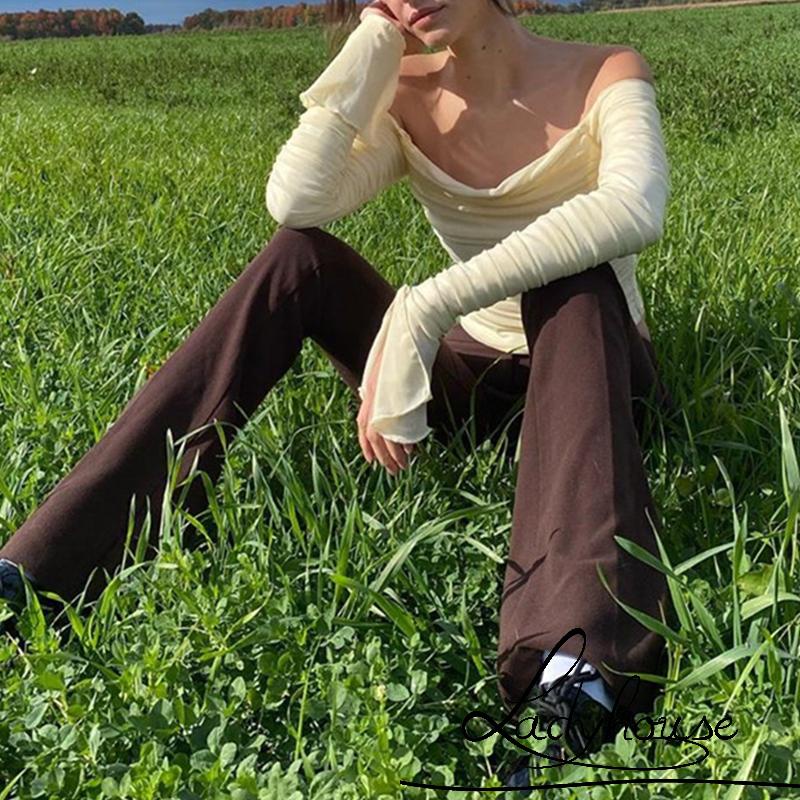 Áo Croptop Trễ Vai Phối Lưới Tay Loe Màu Sắc Trơn Thời Trang Cho Nữ