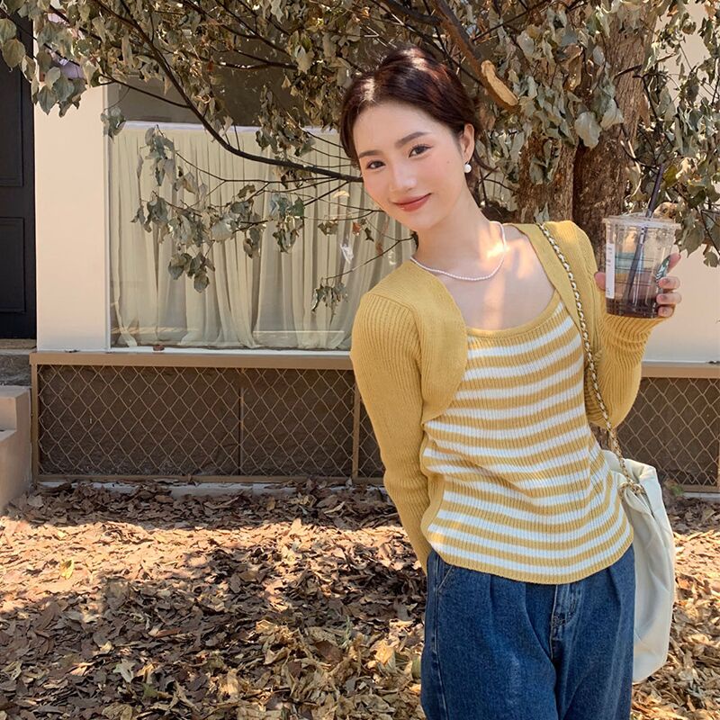 Áo dệt kim ZHELIHANGFEI giả hai lớp tay dài phối họa tiết sọc eo cao gợi cảm dễ phối đồ