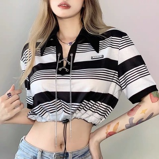 ✅ Áo croptop polo đen sọc trắng