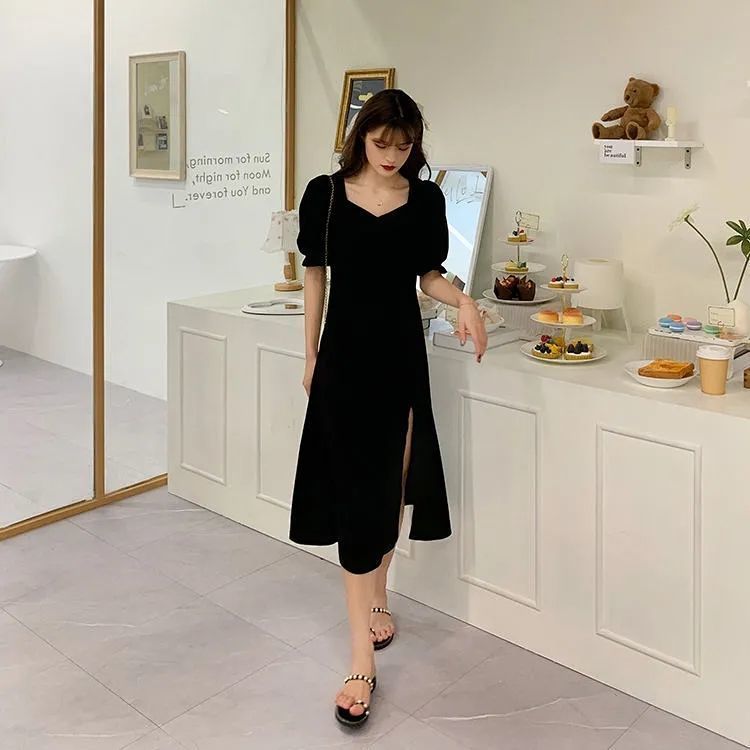 Đầm cổ vuông tay phồng dáng rộng thiết kế xẻ tà phong cách Pháp retro 2020 xinh xắn thời trang
