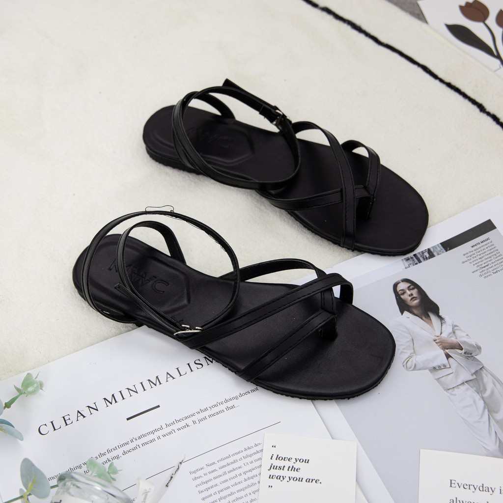 Giày Sandal Nữ Thời Trang MWC Đế Bệt Quai Dây Mảnh Xỏ Ngón Siêu Xinh Siêu Hot Màu Đen Kem NUSD- 2871