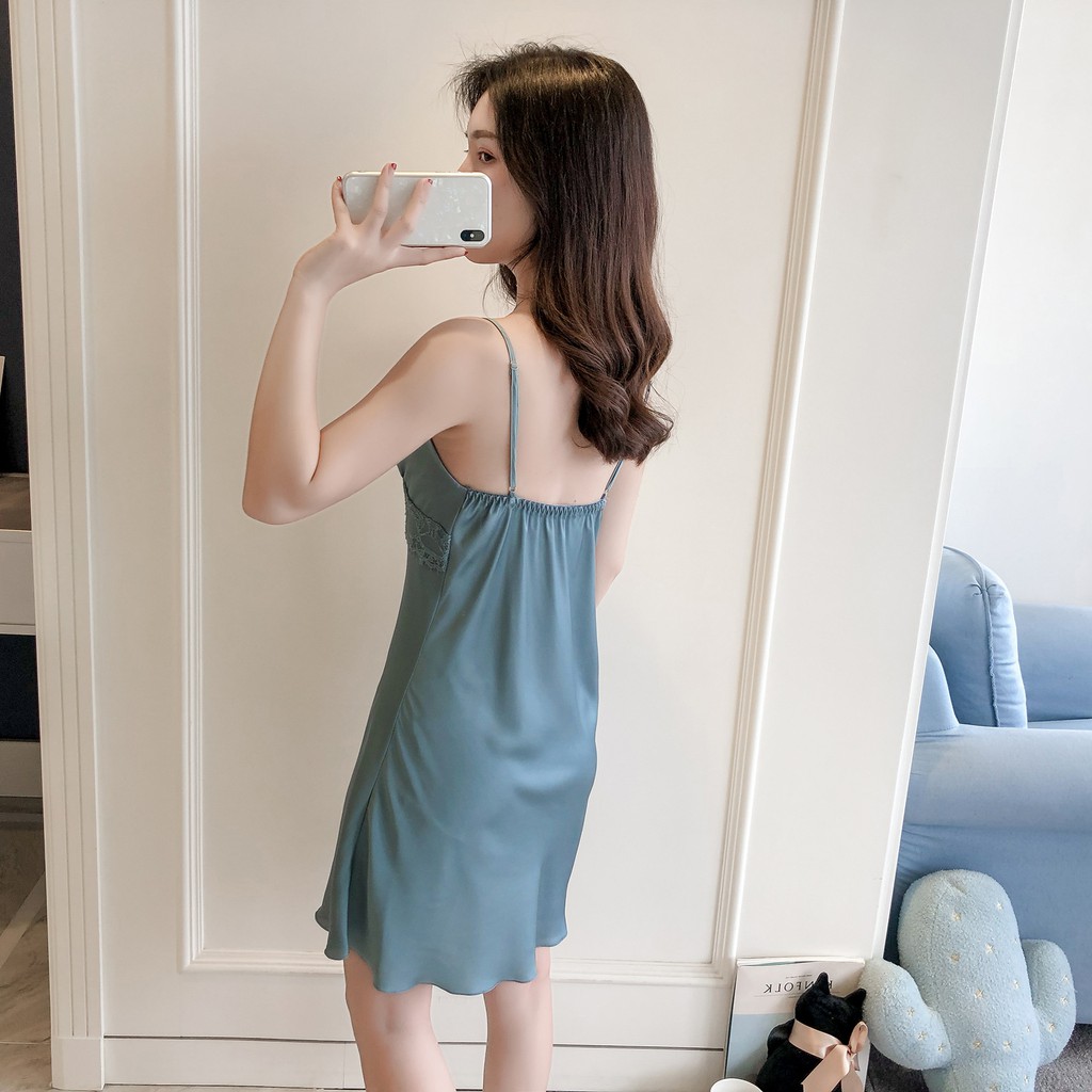 Đầm Ngủ Sexy Lụa Satin 2 Dây Đẹp Gợi Cảm Cao cấp Hàng quảng châu loại 1 giá rẻ tại HN, HCM (Mút ngực trắng)- Xanh