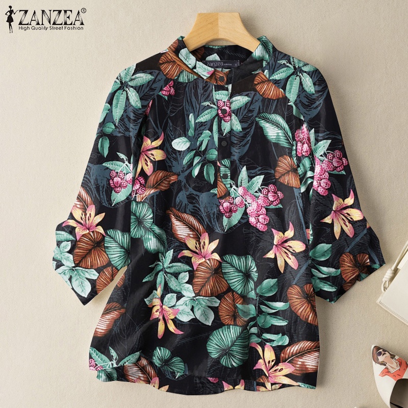 Áo kiểu ZANZEA cổ đứng in họa tiết cây lá nhiệt đới phong cách retro thời trang dành cho nữ