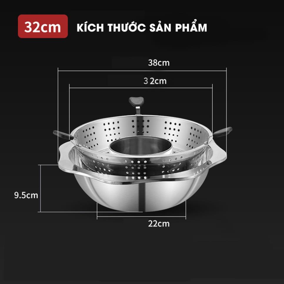 Nồi lẩu 2 tầng xoay size lớn 32 cm Nồi lẩu inox 2 tầng dùng được cả bếp từ và bếp gas phù hợp 4 - 6 người