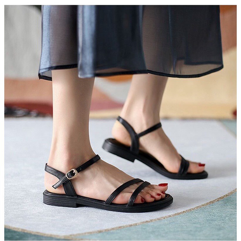 Sẵn Sandal đế bệt mũi tròn quai kép dây mảnh( sandal da mờ)