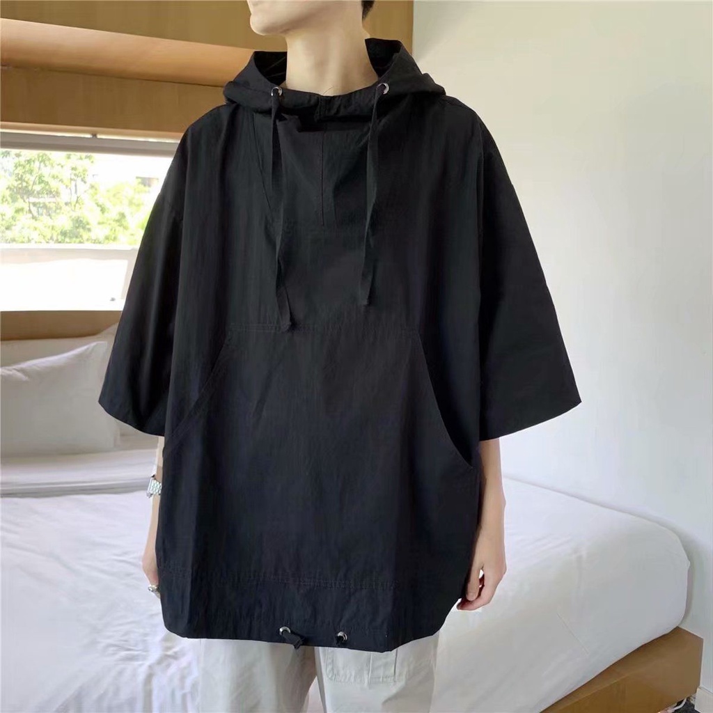 Áo Hoodie Tay Ngắn Màu Trơn Dáng Rộng Thời Trang Mùa Hè 2022 Phong Cách Hàn Quốc Cho Nam