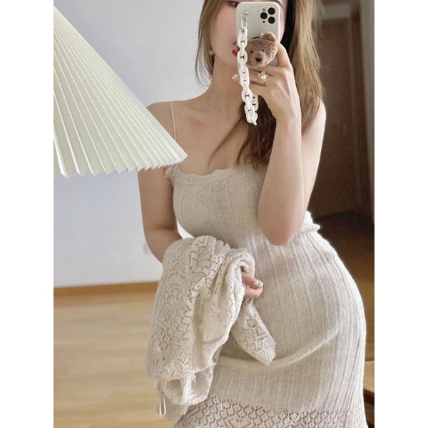 Set áo váy len màu be ZR