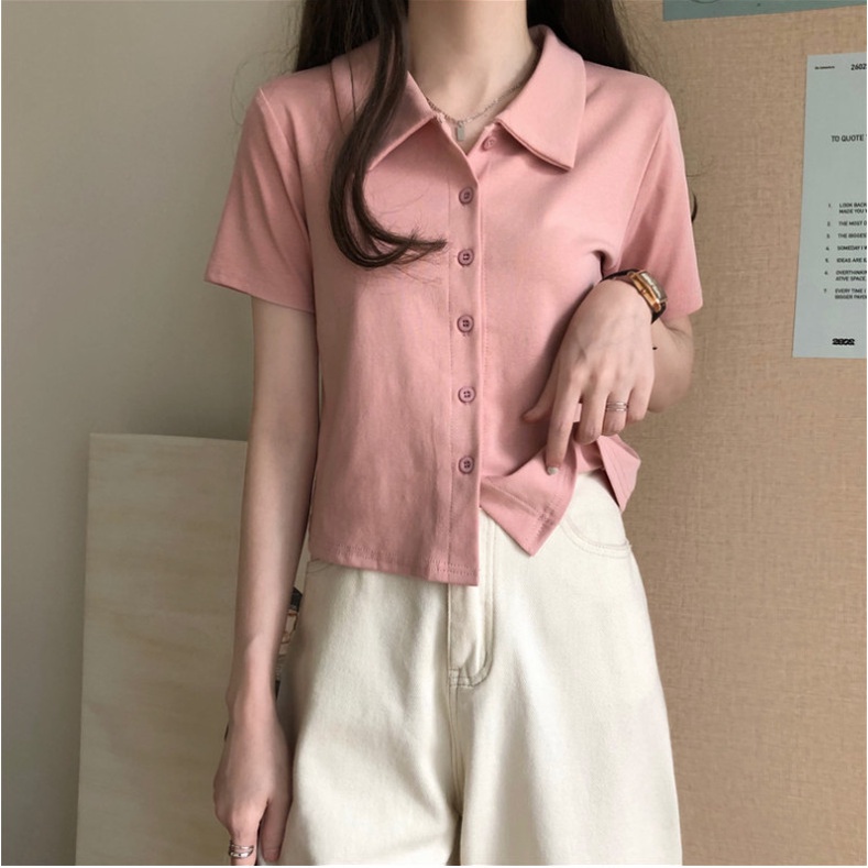A036 Áo thun polo nữ dáng ngắn cộc tay cổ bẻ cài cúc Phông ngắn tay hè thu năng động Ulzzang trẻ trung đi học đi chơi