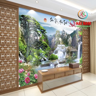 Tranh dán tường 3D trang trí nội thất sơn thủy hữu tình - vải lụa phủ kim tuyến