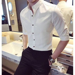 Áo sơ mi nam cổ bẻ trắng cúc đen
