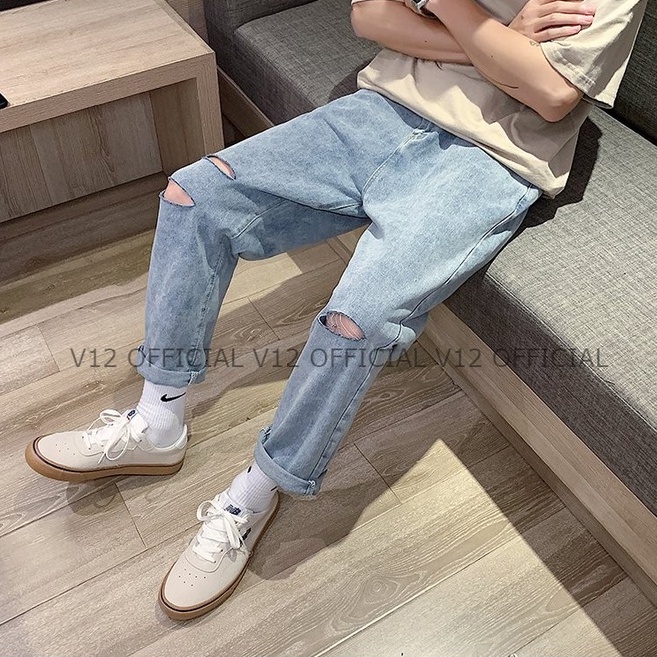 Quần jeans rách gối phong cách Hàn Quốc , ống đứng , form baggy không phai màu , hiphop V2 | BigBuy360 - bigbuy360.vn