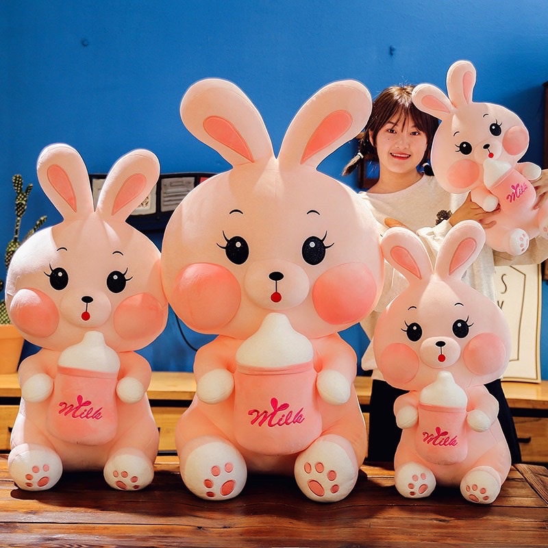 Gấu bông thỏ ôm bình sữa, thỏ nhồi bông ti sữa