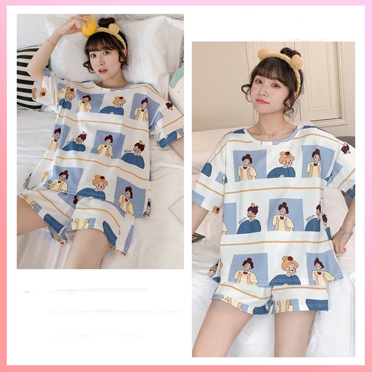 Đồ bộ nữ mặc nhà dễ thương set ngủ hoạt hình tay cộc quần cộc mùa hè chất cotton