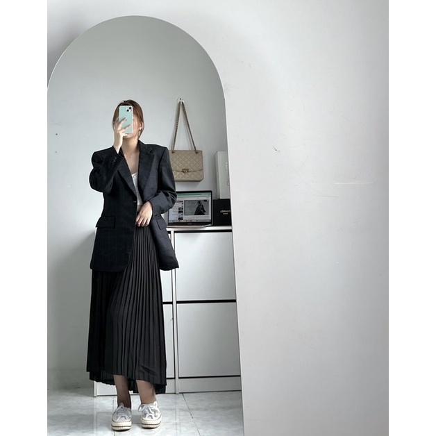 Set áo blazer đệm vai hai lớp và chân váy midi dài voan xếp ly đuôi cá thời trang cao cấp