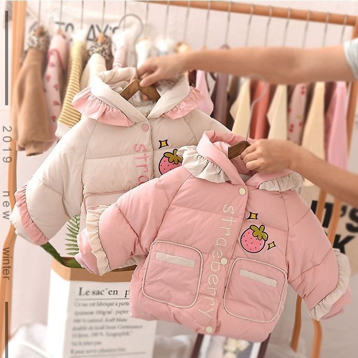 Áo Khoác cotton Dày Dặn Màu Trơn Họa Tiết Dâu Tây Dễ Thương Phong Cách Hàn Quốc Cho Bé Gái ^ o ^