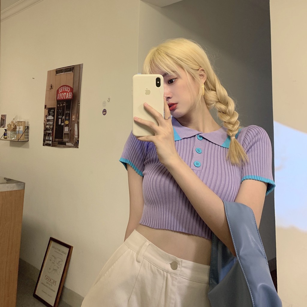 Áo dệt kim tay ngắn cổ polo phối màu tương phản phong cách Hàn Quốc xinh xắn cho nữ