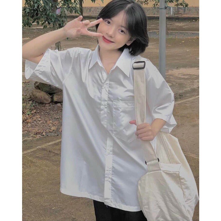 Áo sơ mi trắng form rộng đi học, BASIC UNISEX - áo sơ mi nữ túi ngực hàng siêu dày dặn, đẹp