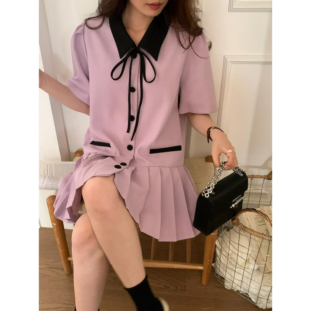 Đầm Ngắn Xếp Ly Dáng Rộng Màu Sắc Tương Phản Phong Cách Hàn Quốc 62585