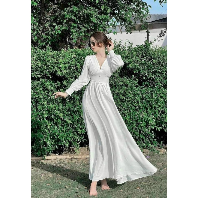 Maxi nữ DX kiểu dáng cổ v thiết kế tay dài thanh lịch nhã nhặn chất liệu lụa có mút thời trang SOPHIA