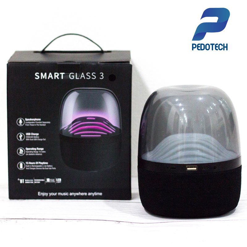 Loa bluetooth có đèn led Glass Smart 3 Pedotech, âm thanh hay LED 10 chế độ kết nối điện thoại, máy tính, đài FM BH 6th