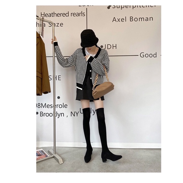 Bốt đùi nữ chất len co giãn ôm chân không tụt gót vuông cao 5cm